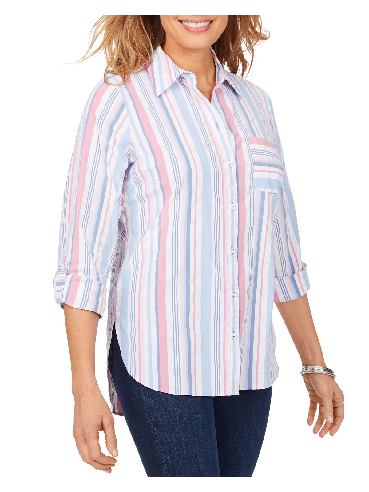 FOXCROFT Womens White Stretch Pocketed Moisture Wicking Upf 50 Sun Protection Seersucker Striped Roll-tab Sleeve Collared Tunic Top 4