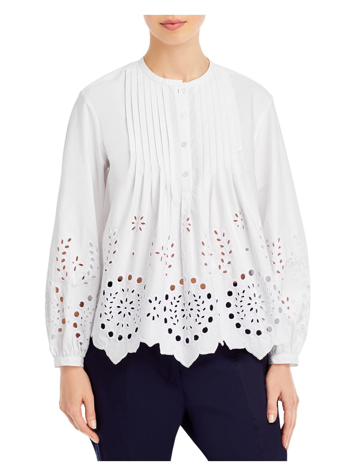 DEREK LAM 10 CROSBY Womens White Eyelet Pleated Button Front Unlined Long Sleeve Crew Neck Blouse 0