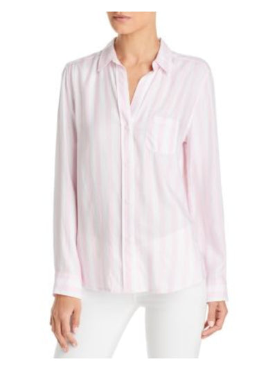 TWELVE O TWO Womens Pink Pleated Curved Shirttail Hem Striped Cuffed Sleeve Collared Button Up Top S