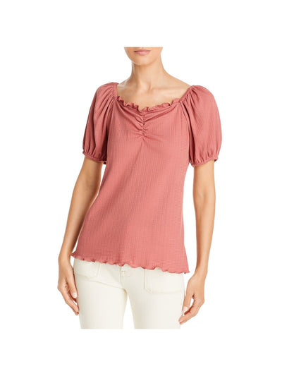 STATUS BY CHENAULT Womens Pink Stretch Ruffled Pleated Scalloped Ruched Pouf Sleeve Sweetheart Neckline Top M