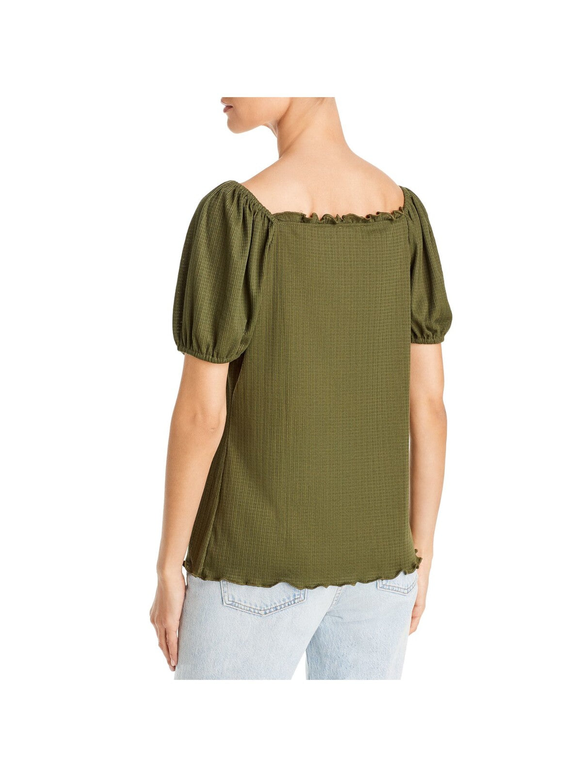 STATUS BY CHENAULT Womens Green Stretch Ruffled Pleated Scalloped Ruched Pouf Sleeve Sweetheart Neckline Top L