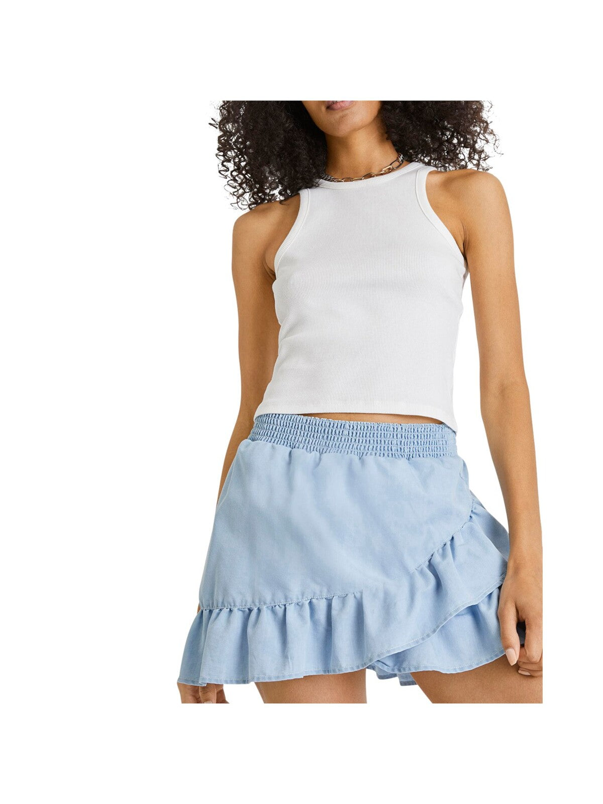 FRENCH CONNECTION Womens Light Blue Chambray Ruffled Smocked Stretch Pull-on Mini Layered Skirt L