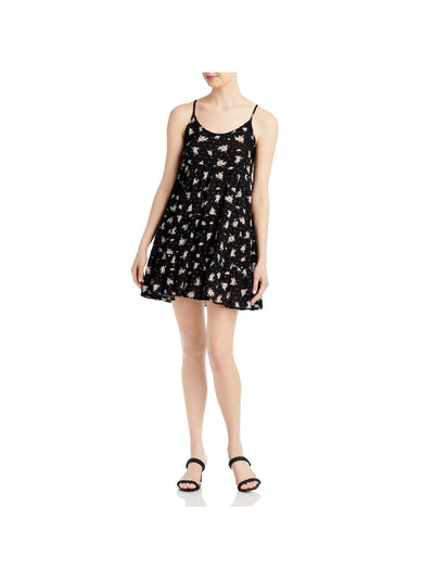 AVA & ESME Womens Black Textured Gathered Floral Spaghetti Strap Scoop Neck Short Baby Doll Dress S