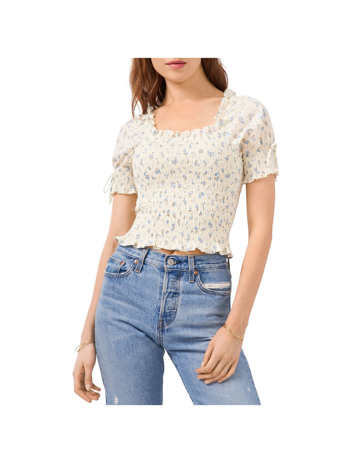 1. STATE Womens Stretch Smocked Ruffled Eyelet Pouf Sleeve Square Neck Crop Top