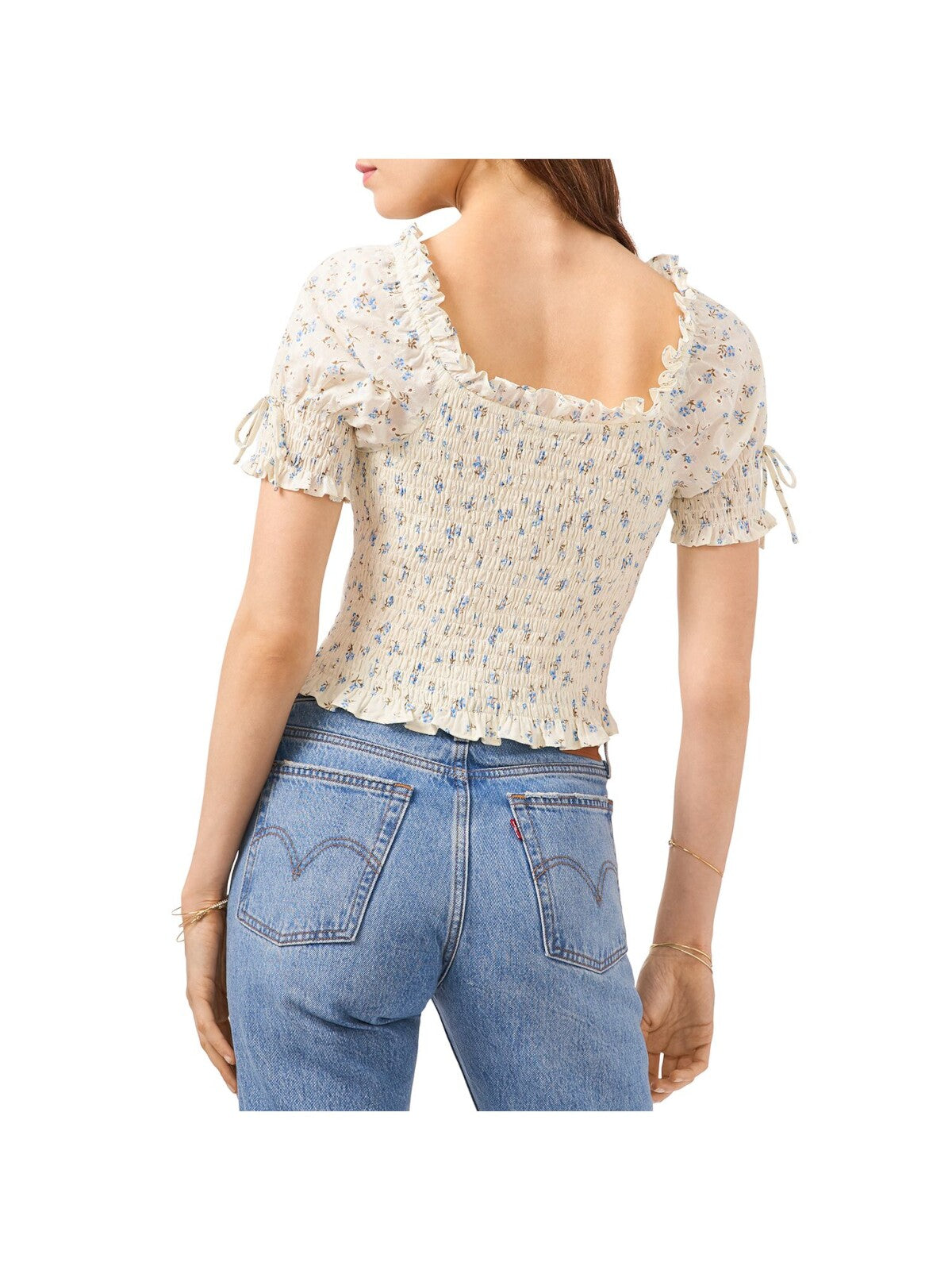 1. STATE Womens Ivory Stretch Smocked Ruffled Eyelet Floral Pouf Sleeve Square Neck Crop Top L