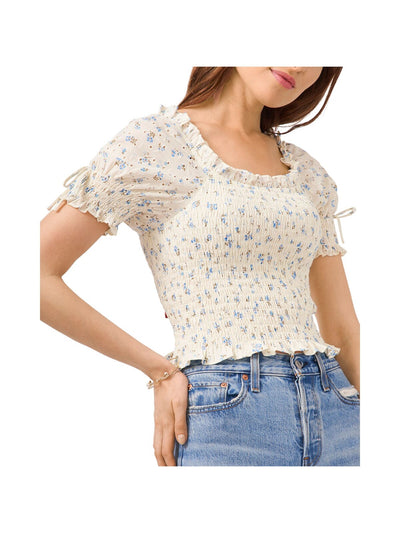 1. STATE Womens Ivory Stretch Smocked Ruffled Eyelet Floral Pouf Sleeve Square Neck Crop Top L