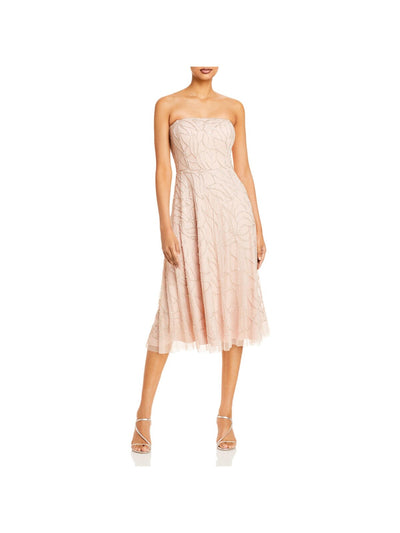 AIDAN MATTOX Womens Beaded Zippered Sheer Lined Sleeveless Strapless Below The Knee Cocktail Fit + Flare Dress