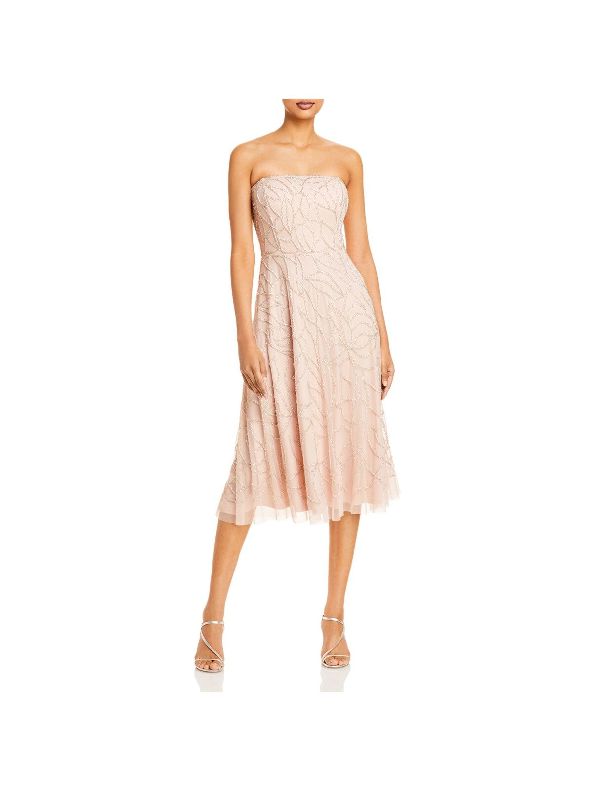 AIDAN MATTOX Womens Pink Beaded Zippered Sheer Lined Printed Sleeveless Strapless Below The Knee Cocktail Fit + Flare Dress 2