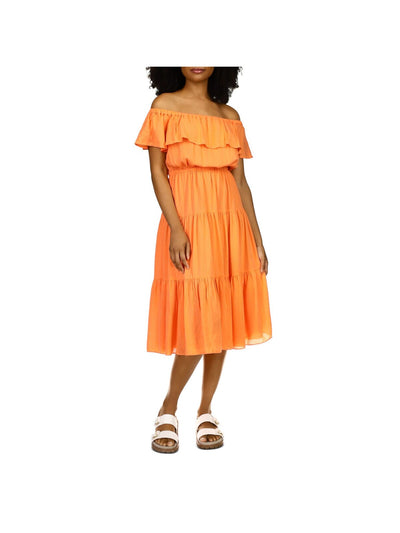 MICHAEL MICHAEL KORS Womens Orange Stretch Flutter Sleeve Off Shoulder Midi Party Peasant Dress XS