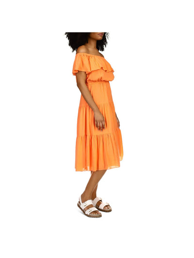 MICHAEL MICHAEL KORS Womens Stretch Flutter Sleeve Off Shoulder Midi Party Peasant Dress