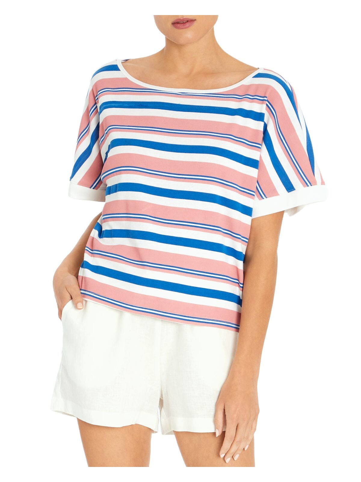 THREE DOTS Womens Pink Striped Dolman Sleeve Boat Neck Top M