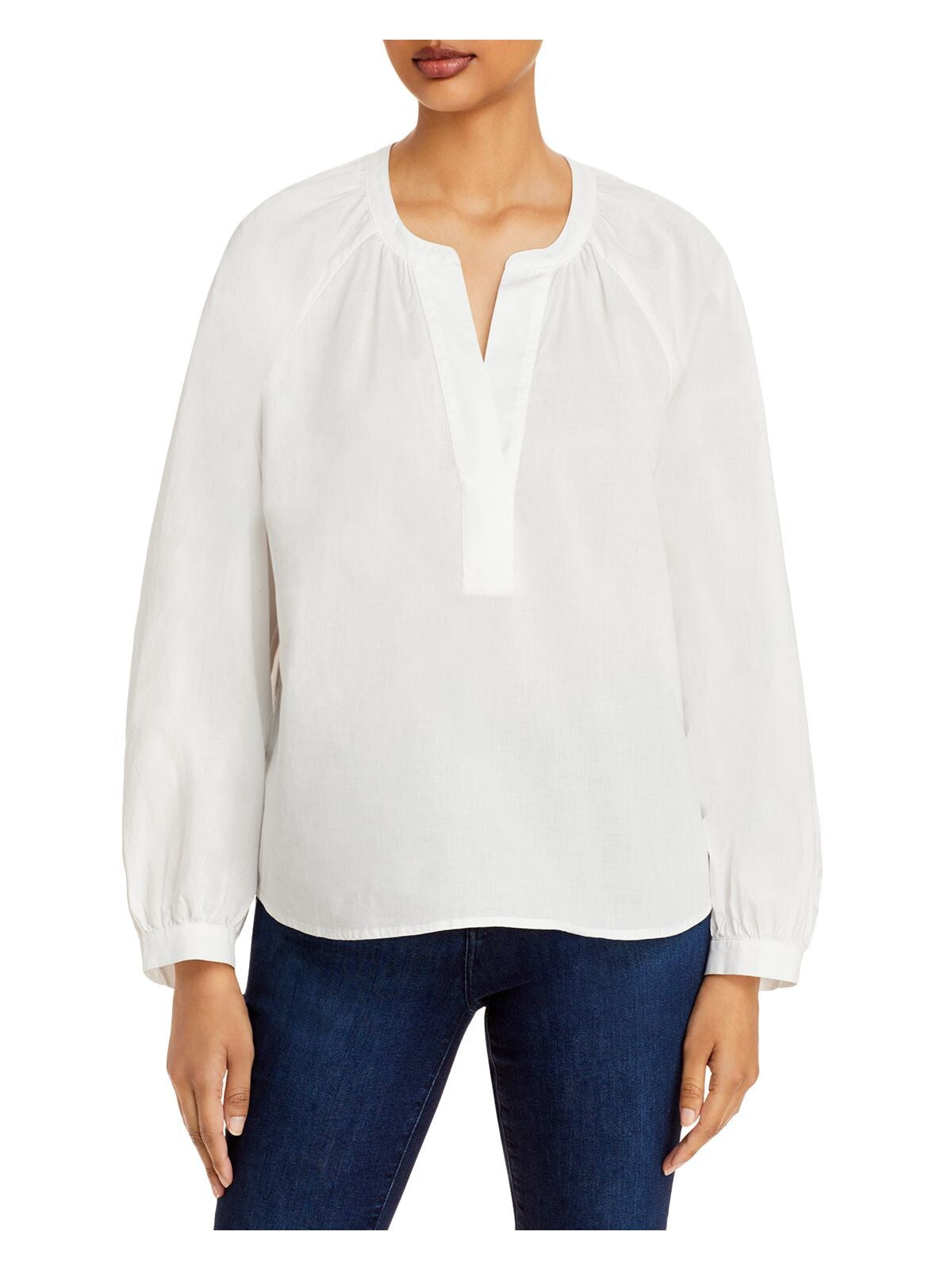 JOIE Womens White Poplin Pleated Button Pullover Cuffed Sleeve Crew Neck Top S