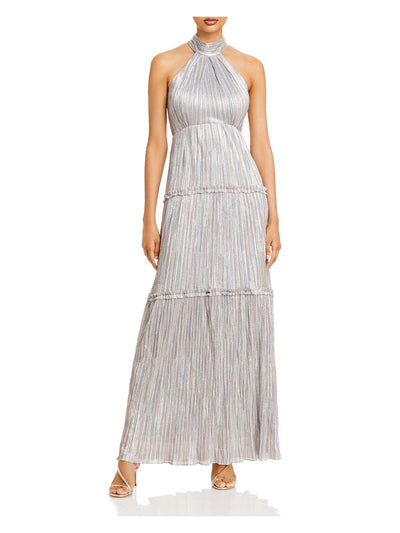 AQUA FORMAL Womens Metallic Textured Tie Neck Sleeveless Halter Full-Length Evening Gown Dress