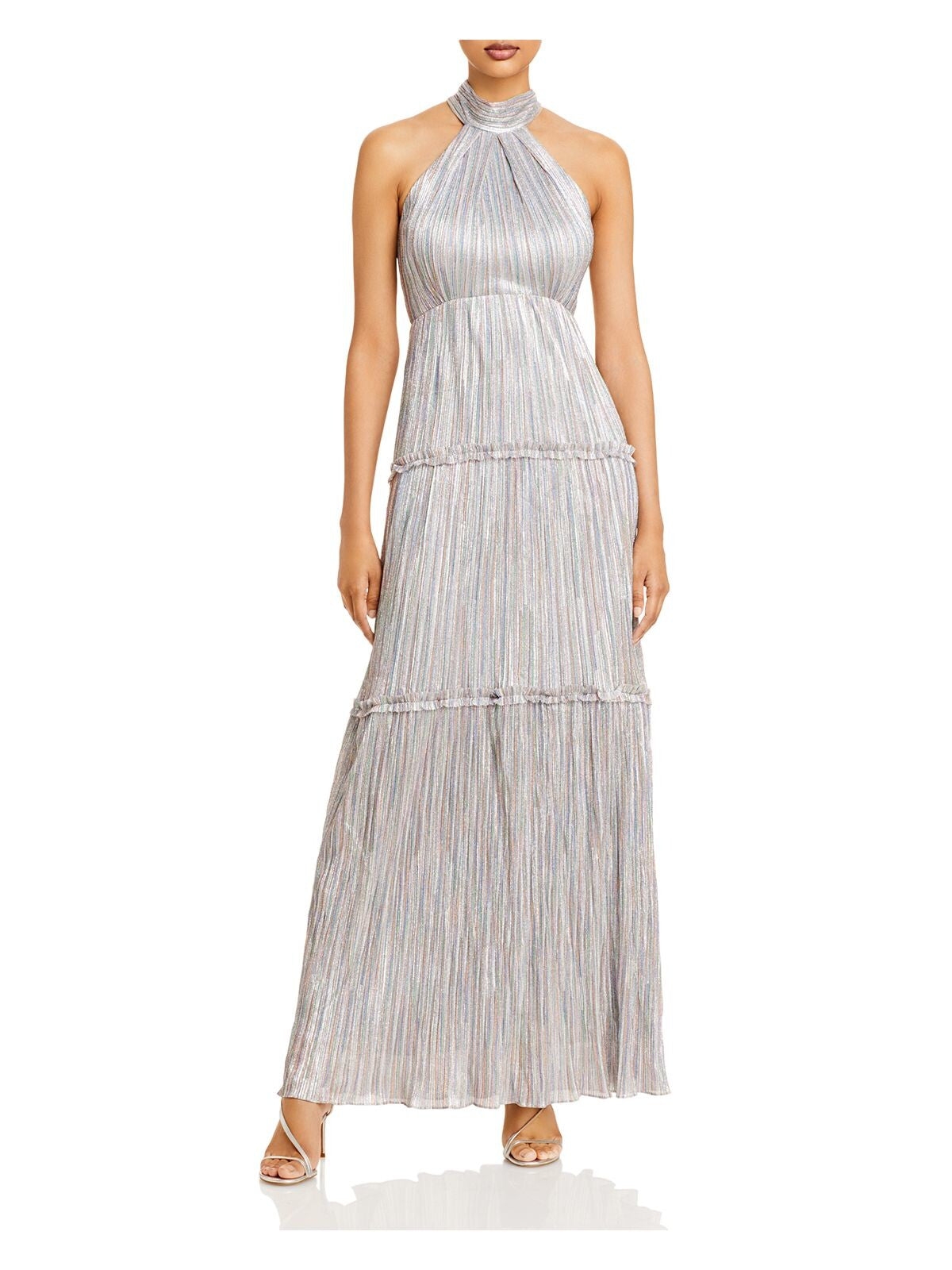 AQUA FORMAL Womens Silver Metallic Textured Tie Neck Striped Sleeveless Halter Full-Length Evening Gown Dress 10