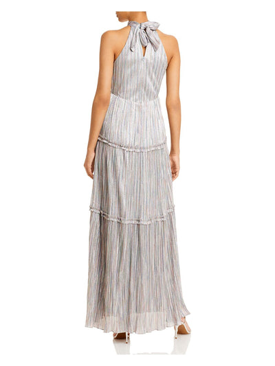 AQUA FORMAL Womens Metallic Textured Tie Neck Sleeveless Halter Full-Length Evening Gown Dress