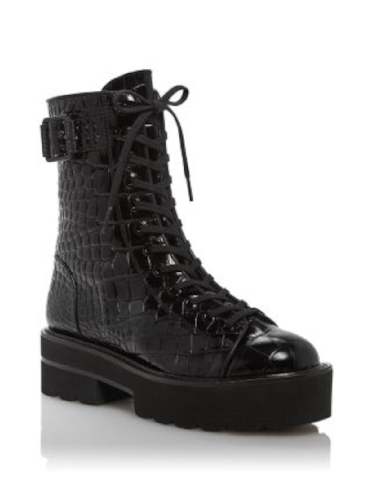 STUART WEITZMAN Womens Black Crocodile Lace-Up 1-1/2" Platform Buckle Accent Treaded Ryder Round Toe Block Heel Zip-Up Leather Boots Shoes 5 B