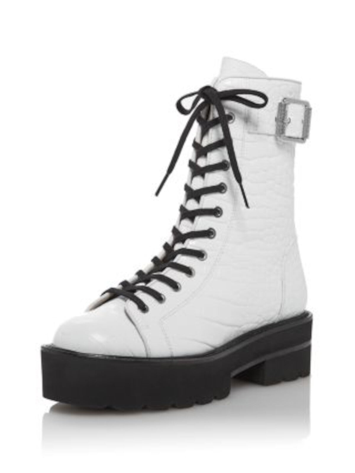 STUART WEITZMAN Womens White Crocodile Lace-Up 1-1/2" Platform Buckle Accent Treaded Ryder Round Toe Block Heel Zip-Up Leather Boots Shoes 6.5 B