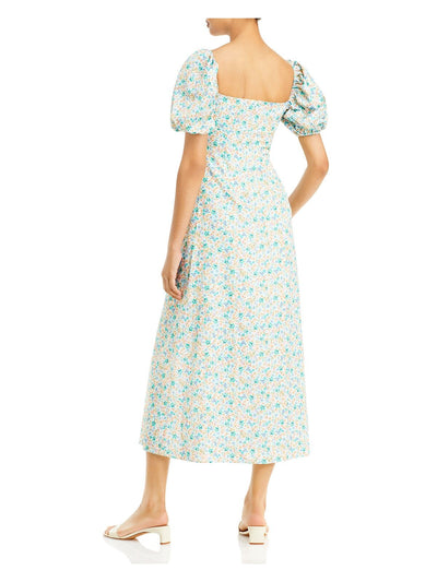 SIGNIFICANT OTHER Womens White Zippered Tie Unlined Elasticized Floral Pouf Sleeve Sweetheart Neckline Midi Sheath Dress 4