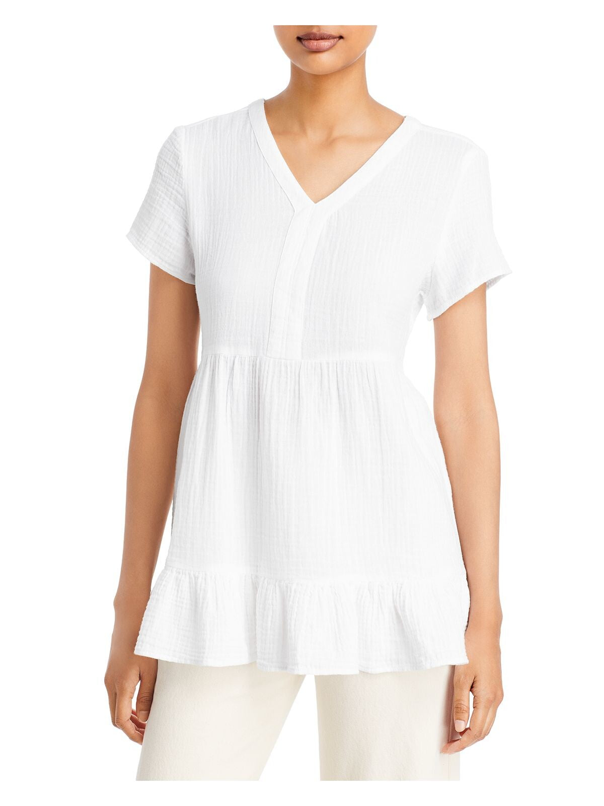 BEACHLUNCHLOUNGE COLLECTION Womens White Ruffled Tiered Short Sleeve V Neck Top XS