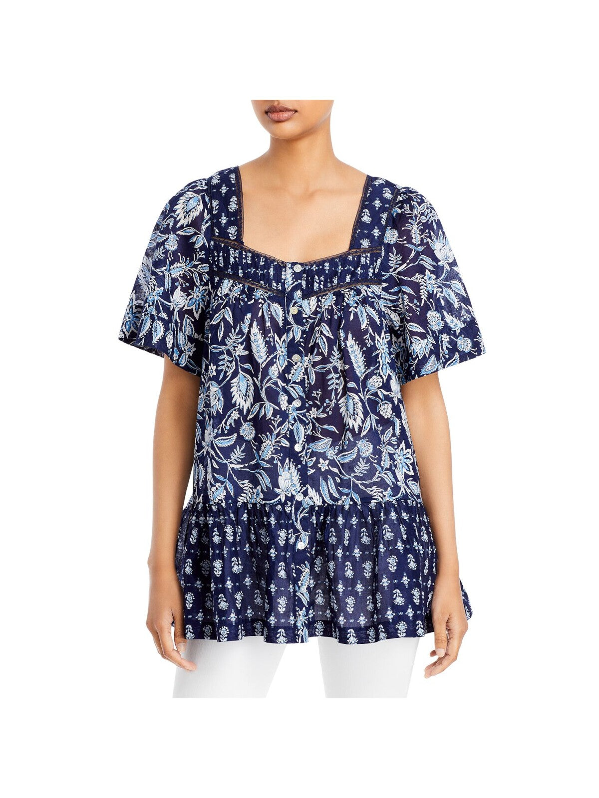 BEACHLUNCHLOUNGE COLLECTION Womens Navy Lace Ruffled Button Down Printed Bell Sleeve Square Neck Top S