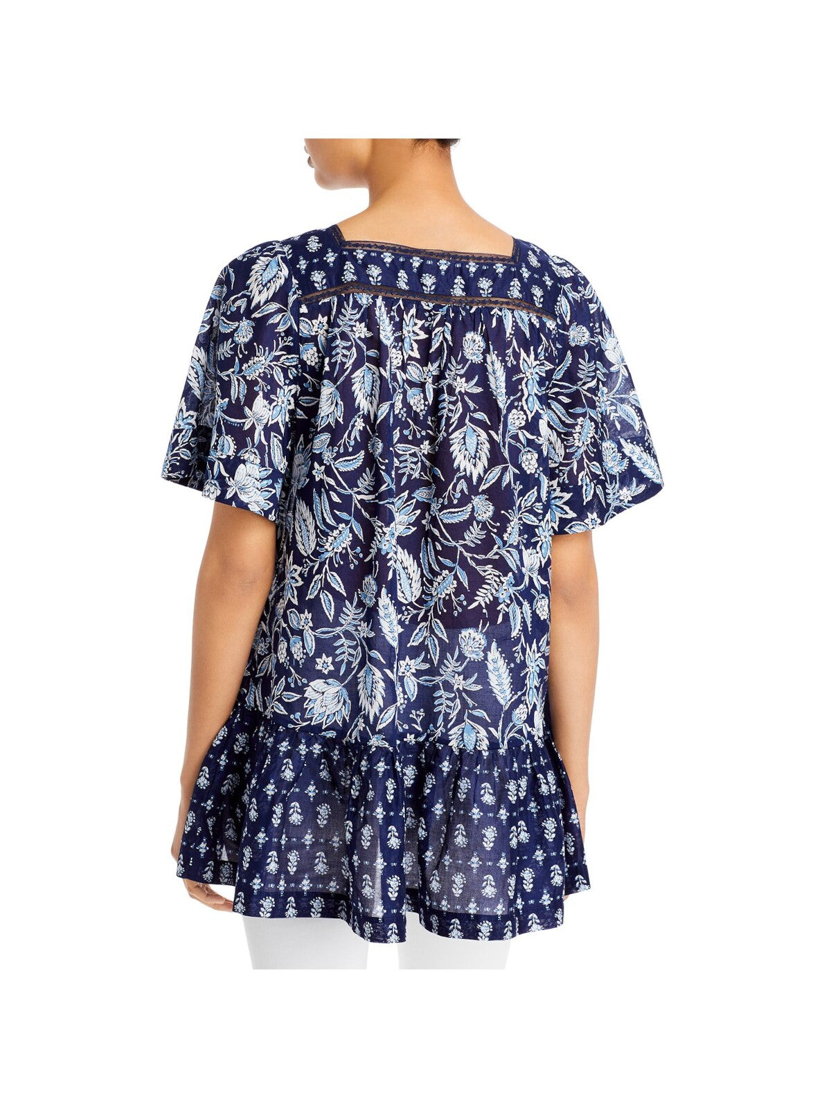 BEACHLUNCHLOUNGE COLLECTION Womens Navy Lace Ruffled Button Down Printed Bell Sleeve Square Neck Top S