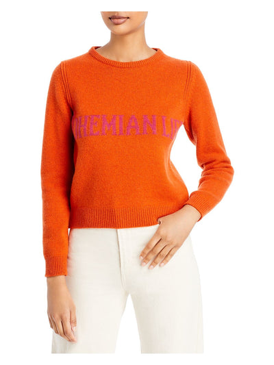 ALBERTA FERRETTI Womens Orange Ribbed Short Length Pullover Graphic Long Sleeve Crew Neck Sweater 10