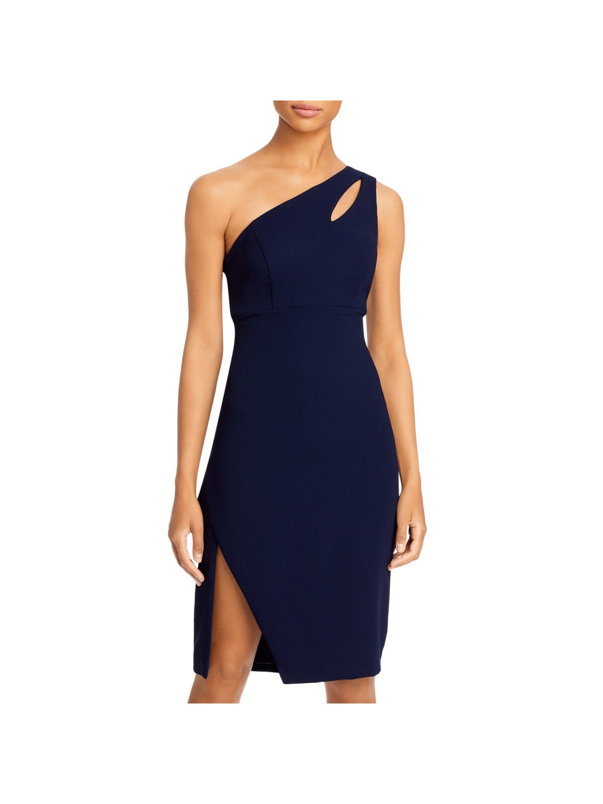 AQUA Womens Navy Textured Zippered Crepe Keyhole Slitted Sleeveless Asymmetrical Neckline Above The Knee Cocktail Sheath Dress 8