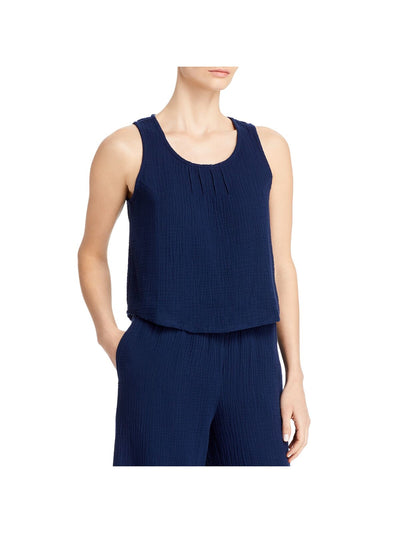 THREE DOTS Womens Navy Textured Double Gauze Pintuck Front Sleeveless Scoop Neck Tank Top S