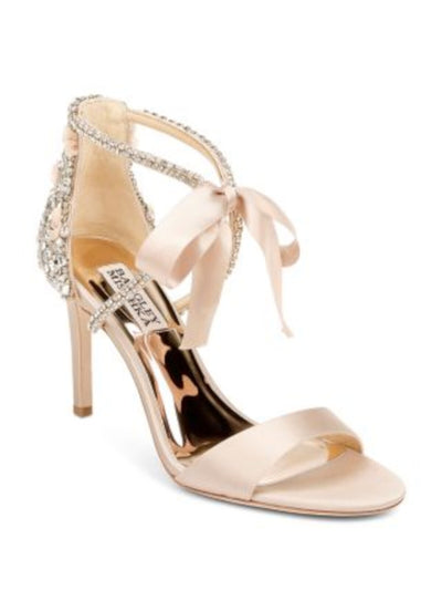 BADGLEY MISCHKA Womens Beige Padded Embellished Beaded Bonita Round Toe Stiletto Lace-Up Dress Heeled Sandal 9.5