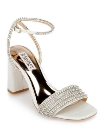 BADGLEY MISCHKA Womens Ivory Mixed Media Metallic Ankle Strap Embellished Padded Becca Square Toe Block Heel Buckle Dress Heeled Sandal 5