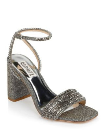 BADGLEY MISCHKA Womens Gray Mixed Media Metallic Embellished Padded Becca Square Toe Block Heel Buckle Dress Heeled Sandal 7