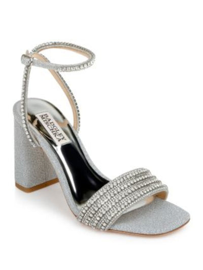 BADGLEY MISCHKA Womens Silver Mixed Media Metallic Ankle Strap Embellished Padded Becca Square Toe Block Heel Buckle Dress Heeled Sandal 6.5