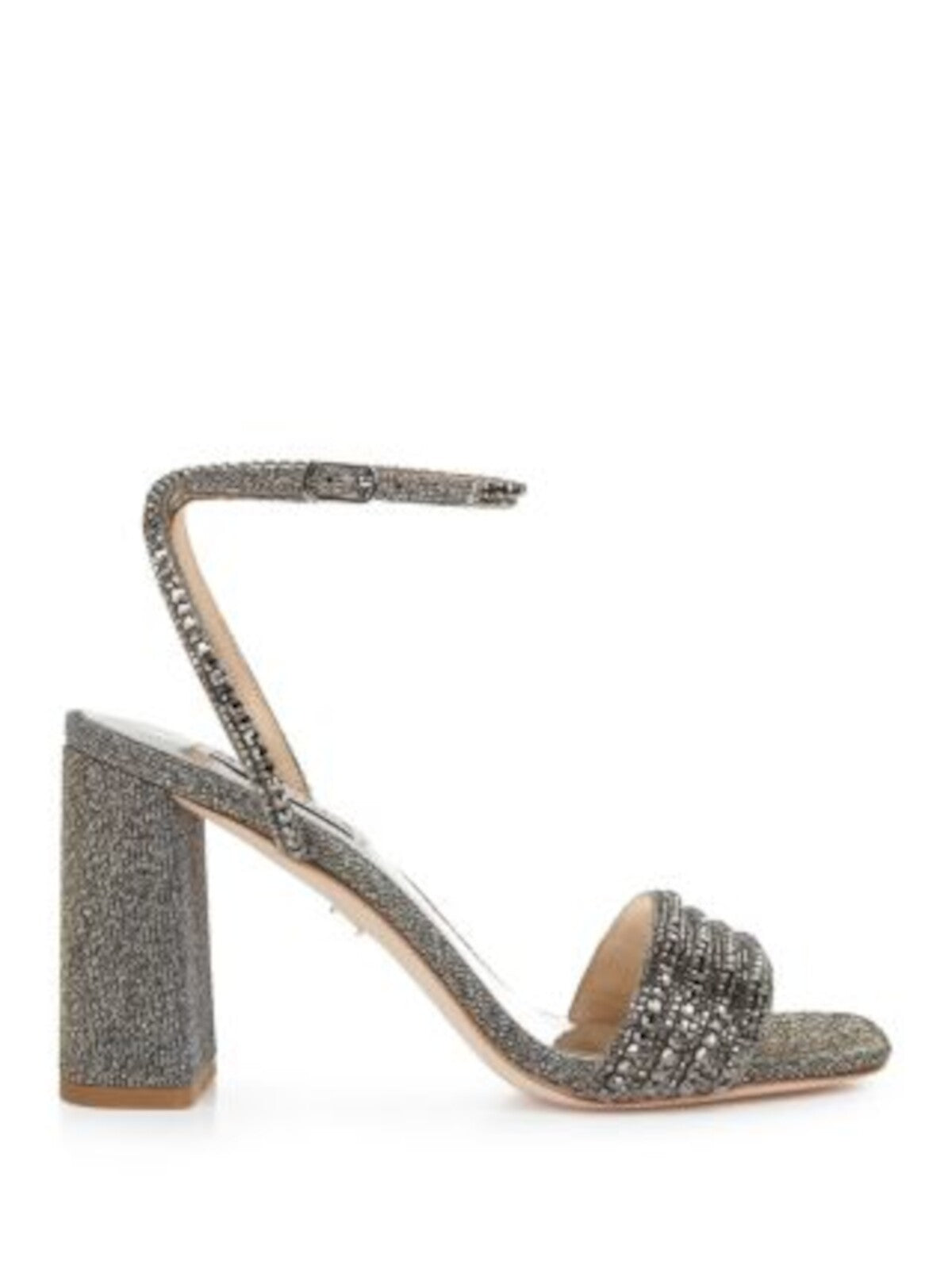 BADGLEY MISCHKA Womens Gray Mixed Media Metallic Embellished Padded Becca Square Toe Block Heel Buckle Dress Heeled Sandal 7