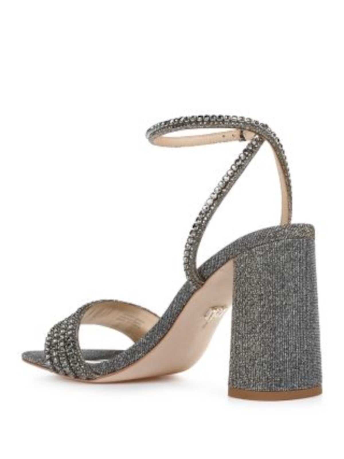 BADGLEY MISCHKA Womens Gray Mixed Media Metallic Embellished Padded Becca Square Toe Block Heel Buckle Dress Heeled Sandal 7