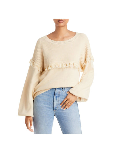 JOSIE Womens Beige Fringed Ribbed Pullover Blouson Sleeve Round Neck Wear To Work Sweater S