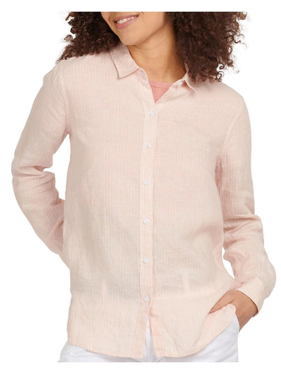 BARBOUR Womens Pink Pleated Pinstripe Roll-tab Sleeve Point Collar Button Up Top 4