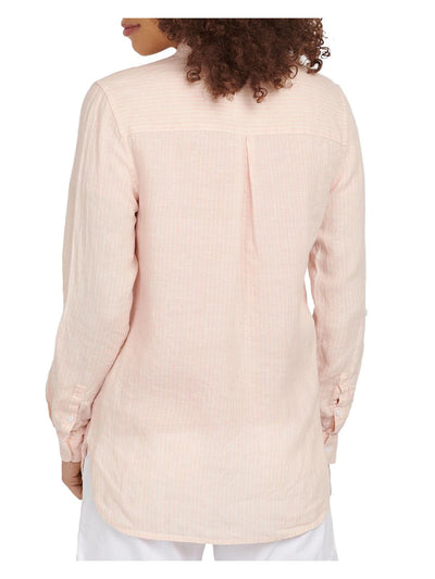 BARBOUR Womens Pink Pleated Pinstripe Roll-tab Sleeve Point Collar Button Up Top 4