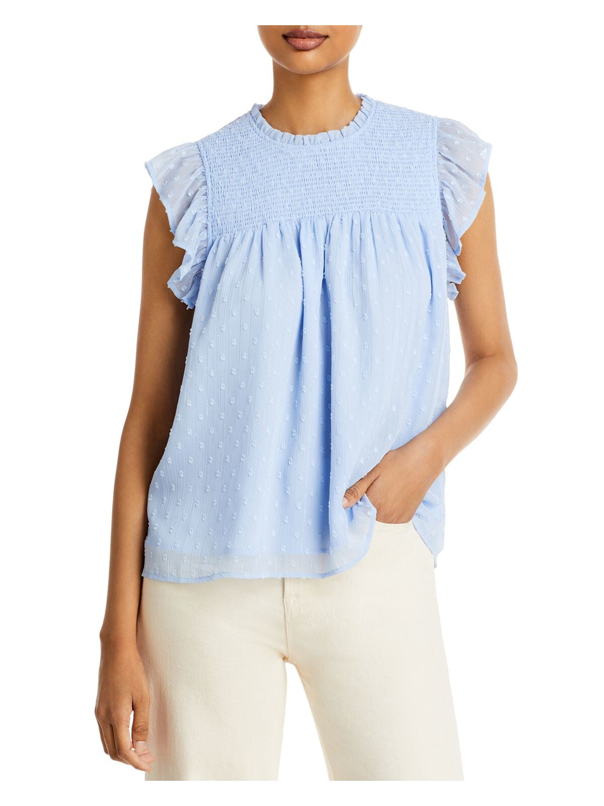 AQUA Womens Light Blue Zippered Smocked Ruffled Lined Flutter Sleeve Crew Neck Top M