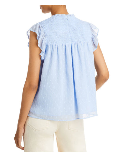 AQUA Womens Light Blue Zippered Smocked Ruffled Lined Flutter Sleeve Crew Neck Top M