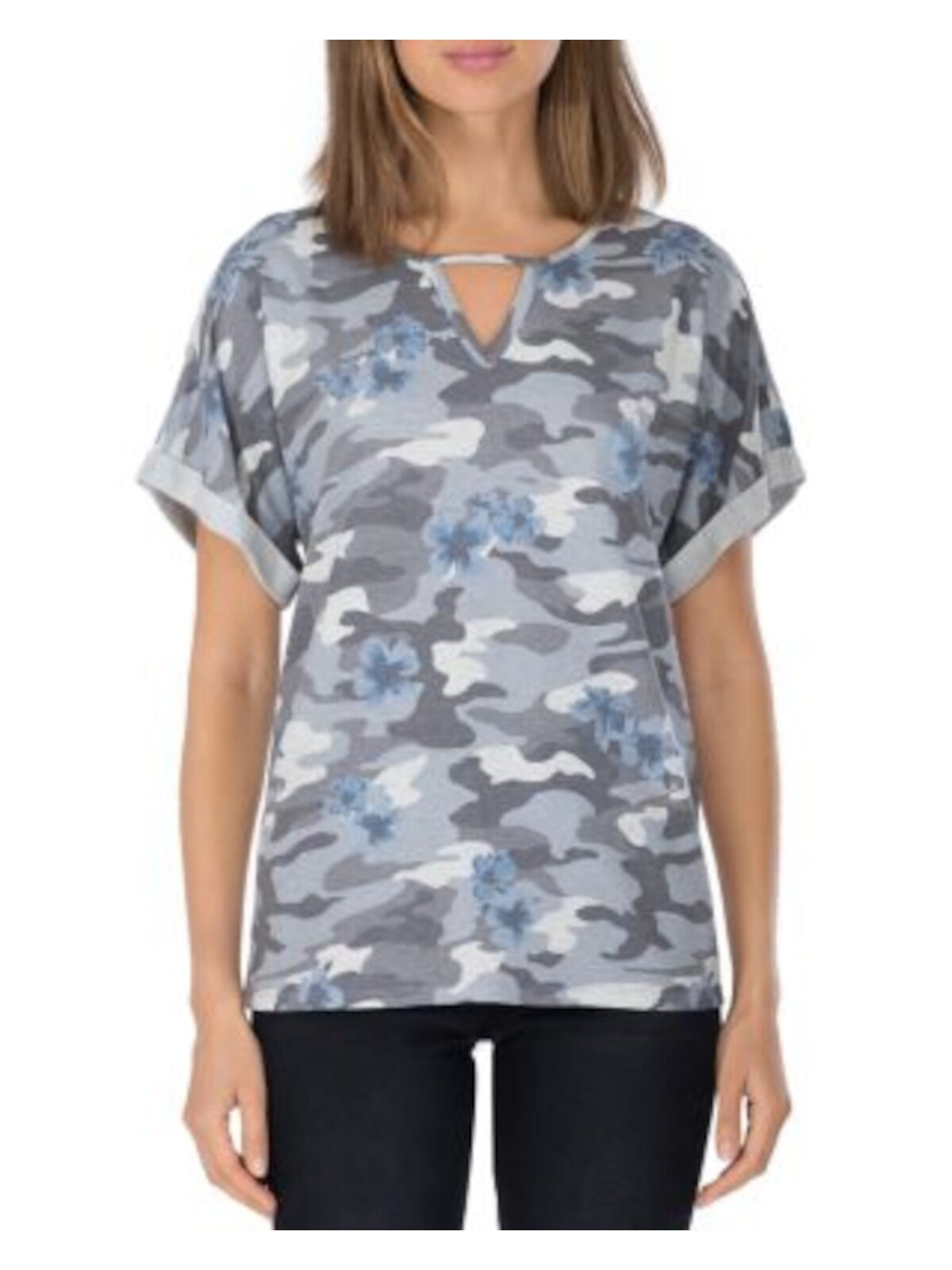 BOBEAU Womens Stretch Short Cuffed Sleeve Keyhole Neckline T-Shirt