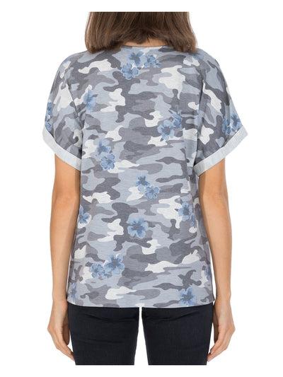 BOBEAU Womens Gray Stretch Camouflage Short Sleeve Keyhole T-Shirt XS