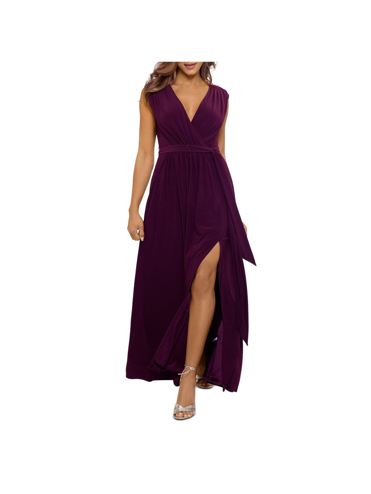 AQUA Womens Burgundy Stretch Pleated Low Cut Self-tie Belt High Slit Sleeveless Surplice Neckline Full-Length Formal Gown Dress 6