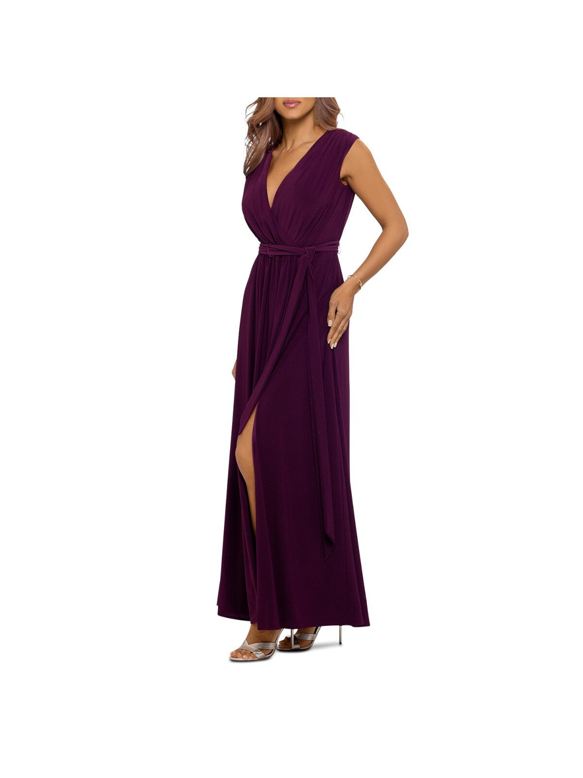 AQUA Womens Burgundy Stretch Pleated Low Cut Self-tie Belt High Slit Sleeveless Surplice Neckline Full-Length Formal Gown Dress 6