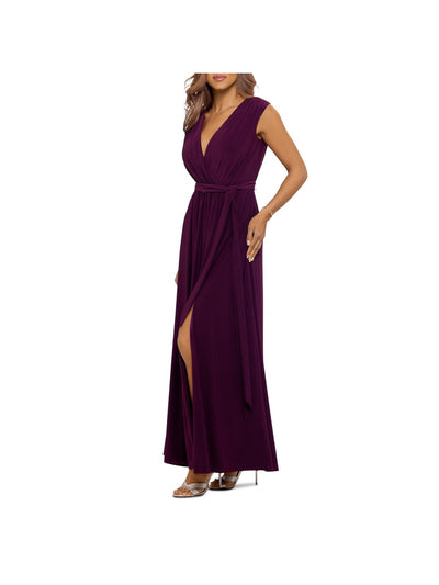 AQUA Womens Burgundy Stretch Pleated Low Cut Self-tie Belt High Slit Sleeveless Surplice Neckline Full-Length Formal Gown Dress 6