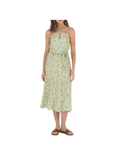 COLLECTION BY BOBEAU Womens Green Stretch Belted Pleated Tiered Printed Spaghetti Strap Square Neck Midi Cocktail Sheath Dress XS