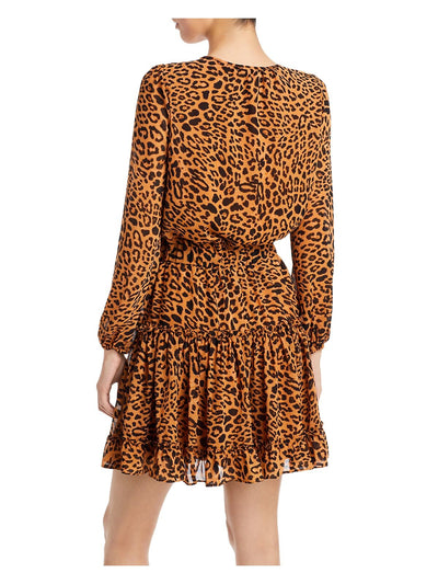 AQUA Womens Brown Ruffled Cut Out Sheer Lined Animal Print Long Sleeve Round Neck Short Party Fit + Flare Dress XS