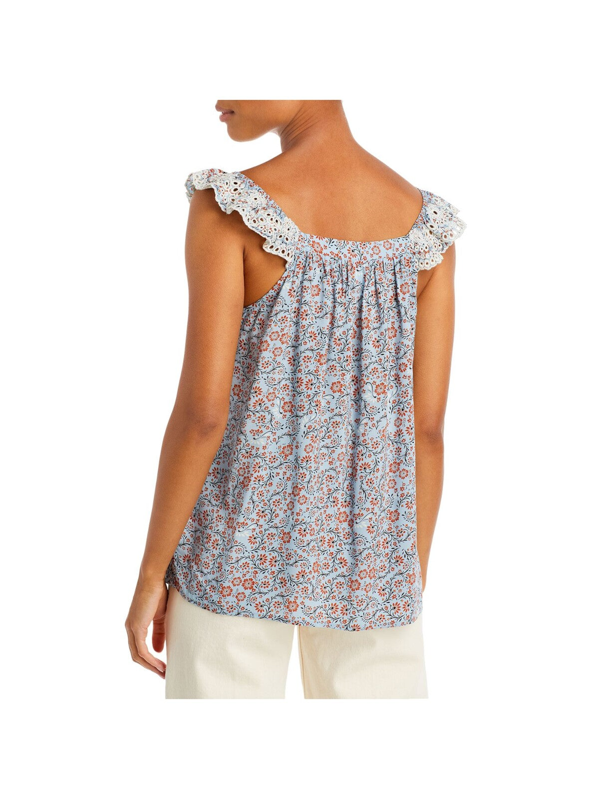 FEVER Womens Blue Embroidered Ruffled Pleated Floral Sleeveless Square Neck Tank Top XL