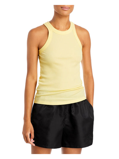 WSLY Womens Yellow Stretch Ribbed Fitted Sleeveless Halter Tank Top XS