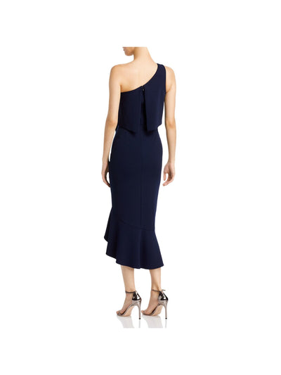 AQUA Womens Navy Stretch Zippered Ruffled Popover Lined Sleeveless Asymmetrical Neckline Midi Cocktail Sheath Dress 4