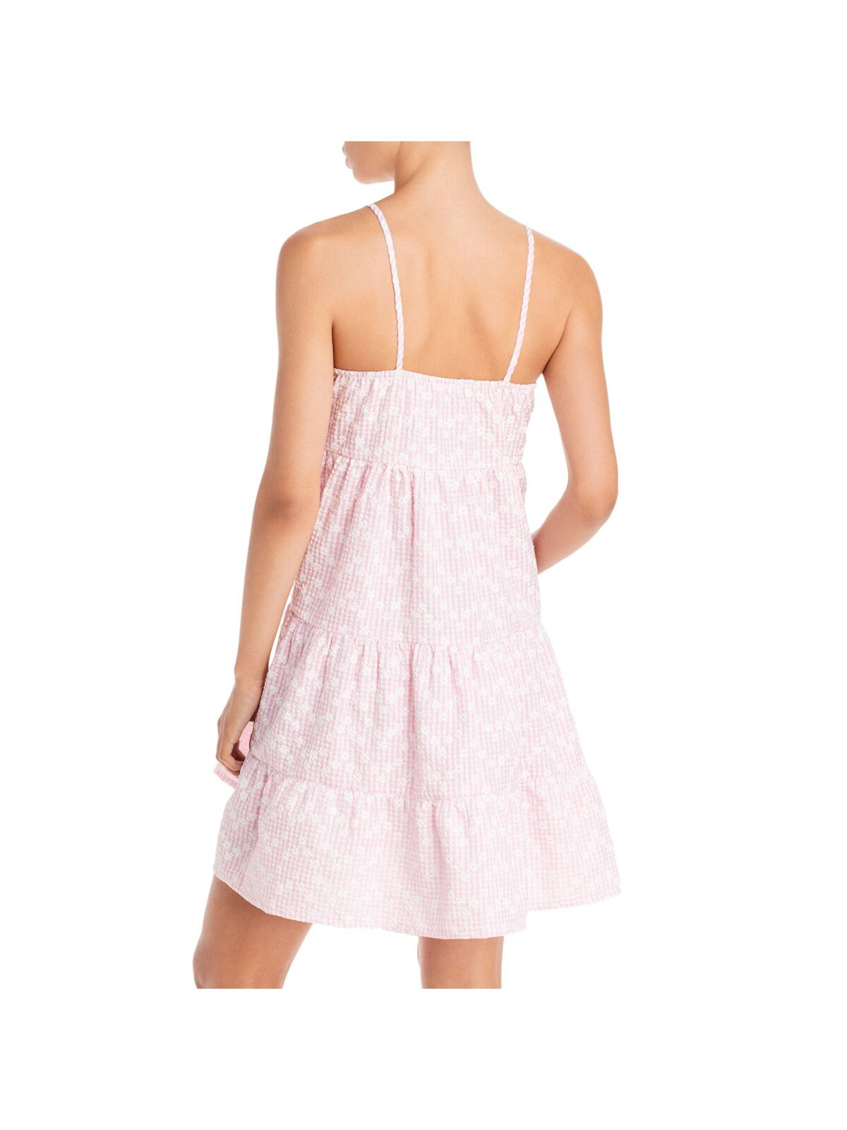 AVA & ESME Womens Pink Embroidered Tiered Skirt Seersucker Spaghetti Strap Sweetheart Neckline Short Fit + Flare Dress L